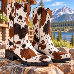 Bottes Western en cuir véritable de vache pour hommes et femmes |   Bottes de cowboy faites à la main avec fourrure |   Tendance de la mode toutes saisons - Product Image 2