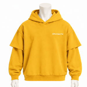 Sweat à capuche double couche couleur moutarde, coupe oversize, à manches courtes avec empiècement à manches longues, style streetwear décontracté, épais - Product Image 1