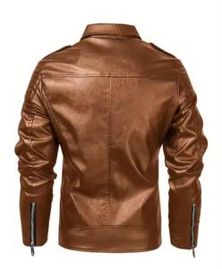 แจ็คเก็ตหนังฟูลเกรนลายทางสีดำงาช้างแบบมีซิปเคลือบสำหรับฤดูหนาว - Product Image 2