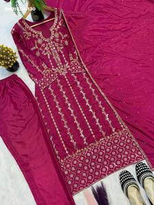Crêpe de soie de haute qualité avec broderie multi-aiguilles et travail de sequins, ensemble complet (haut, pantalon, dupatta) à manches longues – Achats en ligne Inde - Product Image 6
