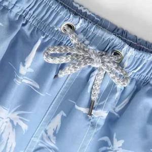 Men's Blue Palm Tree Print Board Shorts Quick Dry <b>Elastic</b> Waist Casual Style Bermuda Length Polyester Fabric Pockets - Product Image 4