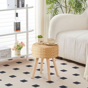 Solid Wood Ottoman Footstool with Natural Seagrass Weave Hyacinth Footrest Step Stool Handmade Outdoor Furniture Hyacinth Leg - Product Image 5