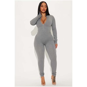 Combinaison pour femme en tricot à manches longues, col en V, fermeture éclair sur le devant, taille haute, couleur unie, coupe ajustée, longueur intégrale, style clubwear, en spandex et polyester - Product Image 5