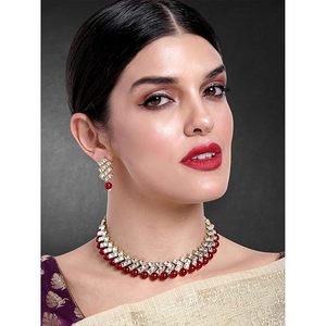 Gold Plated Alloy Necklace Earrings <b>Set</b> with Red Kundan Geometric Design <b>for</b> <b>Women</b> <b>Wedding</b> Party Classic Jewelry - Product Image 3