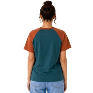 เสื้อยืดแขนสั้นคอกลมสีฟ้าอมเขียวและสีส้มสนิมสำหรับผู้หญิง  รับทำโลโก้ตามสั่ง ผลิตจากผ้าโพลีเอสเตอร์ผสมคอตตอน สวมใส่สบายๆ ในฤดูร้อน รับผลิตแบบ OEM ODM - Product Image 2