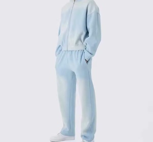 Unisex Light Blue Tracksuit Full Sleeve Zipper Front Casual Solid Color Sweatshirt <b>Pants</b> 100% Cotton Breathable Spring Wear - Product Image 3