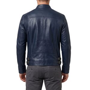 Veste en cuir bleu marine minimaliste pour homme, col bandoulière, fermeture éclair verticale épurée, poches latérales fendues, veste unie - Product Image 2