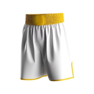 Pantalones Cortos de Boxeo Blancos con Ribete Amarillo en la Cintura, de Secado Rápido, Elásticos, de Poliéster, Unisex, para Artes Marciales, Corte Regular para Adultos, Personalizables en la Parte Delantera - Product Image 1