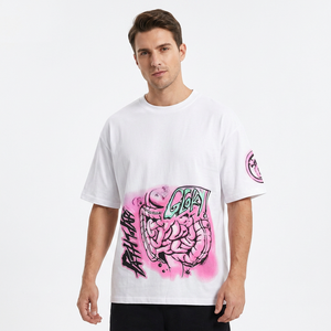 T-shirt blanc surdimensionné en coton avec imprimé graffiti rose, style streetwear, manches courtes, col rond, coupe ajustée pour homme - Product Image 3