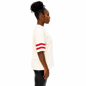 Oversized <b>Cream</b> <b>T</b>-<b>Shirt</b> Men Short Sleeve Contrast Red Stripes O-Neck Casual Jersey Fit Regular Length 100% Cotton - Product Image 3