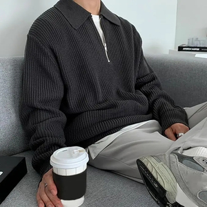 <b>Men's</b> Wool Half Zip Cardigan Turn-down Collar Thick Knit Solid Color Winter Wear Anti-Pilling Regular Sleeve - Product Image 5