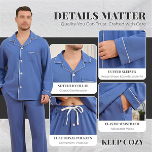Blue Long Sleeve <b>Pajamas</b> <b>Set</b> Solid Color Cotton Knitted Casual Sleepwear with Pocket Autumn Wear - Product Image 2