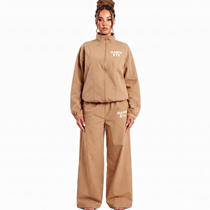 Chaqueta cortavientos de moda para mujer, conjunto deportivo con cuello alto, cremallera completa, hombros caídos, pantalón jogger ancho, transpirable, color liso - Product Image 2