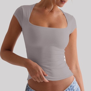 Top Corto Rosa para Mujer, Manga Corta, Cuello Cuadrado, Ajustado, Tejido de Punto, Spandex y Algodón, Casual, Primavera Verano, Color Sólido - Product Image 2