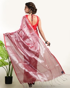 KV Women's <b>Red</b> Tissue Woven Handloom Saree Without <b>Blouse</b> - Product Image 3