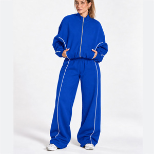 <b>Women's</b> Contrastline Full Zip Tracksuit Two Piece Casual Outfit Relaxed <b>Jacket</b> And Wide Leg Pants Matching Apparel Set Style - Product Image 1