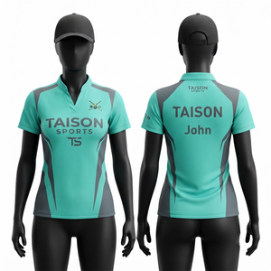 เสื้อสนุกเกอร์พรีเมียมสำหรับผู้หญิง 180 GSM ผ้าโพลีเอสเตอร์อินเตอร์ล็อค ระบายอากาศได้ดี สีเทาอควา แผงข้างพิมพ์ลายแบบซับลิเมชั่นตามสั่ง - Product Image 1