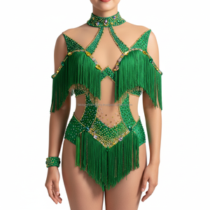 Traje de Majorette Personalizado para Mujer, Verde, con Pedrería, Flecos y Lentejuelas, Malla, para Actuaciones de Baile, OEM - Product Image 1
