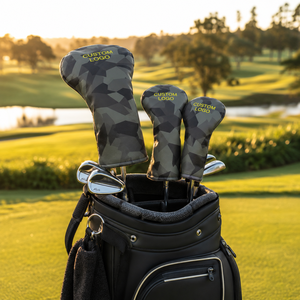 Housse de tête de club de golf respirante avec logo personnalisé, motif géométrique, en cuir PU, protection pour driver, hybride et fer, design imprimé, bande élastique - Product Image 6