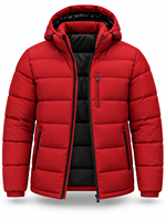 Veste matelassée à capuche rouge pour homme, coupe-vent, fermeture éclair, rembourrage en polyester, manteau d'hiver décontracté chic, logo sur le devant