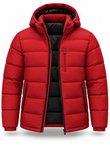 <b>Men's</b> Red Hooded Puffer <b>Jacket</b> Windproof Zipper Closure Polyester Wadding Winter <b>Smart</b> Casual Coat Front Logo - Product Image 4