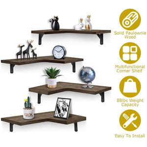 Lot de 4 étagères d'angle rustiques en bois de paulownia avec supports métalliques triangulaires, capacité de 88 lb, étagères de présentation - Product Image 1
