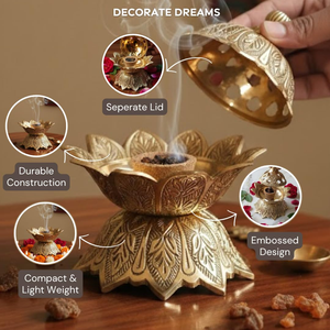 Brûleur d'encens Dhoop Dani en laiton à motif de lotus en relief pour la décoration des temples Pooja et des espaces de méditation - Product Image 5