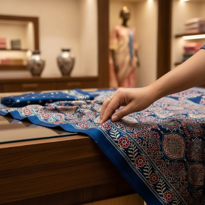 Sari en crêpe de satin imprimé Ajrakh bleu pour femmes |   Collection de saris traditionnels légers pour mariage et fêtes, vêtements ethniques de créateurs - Product Image 3