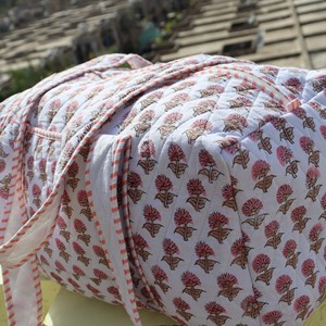 Handmade Cotton Quilted Duffle Bag With Floral Print And Striped Handles <b>Large</b> Capacity Travel Weekender Bag - Product Image 6