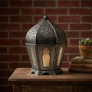 Artisan Design Handmade Iron & Glass <b>Lantern</b> <b>Candle</b> <b>Holder</b> with Floral Cutouts and Arched Panels for Home Decoration - Product Image 1