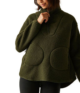 Custom Logo Printed Front Acid Wash Winter Women Sherpa Fleece Sweat <b>Jacket</b> Wholesale Half Zip Regular Hooded Collar <b>Jacket</b> - Product Image 4