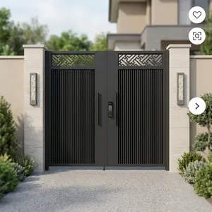 Puerta Principal Moderna de Metal Negro con Paneles Verticales Decorativos, Diseño Geométrico en la Parte Superior y Cerradura Inteligente para Entrada de Villa - Product Image 4