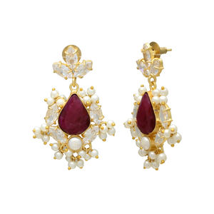 Magnifiques boucles d'oreilles pendantes pour femme, plaquées or 24 carats, en laiton, avec zircone cubique rubis, perle naturelle, style chrétien vintage, pour mariage - Product Image 2