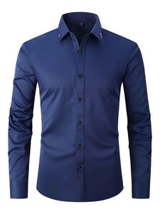 Chemise habillée à manches longues pour homme, coupe ajustée, infroissable, extensible, boutonnée, col rabattu, couleur unie, pour le travail - Product Image 1