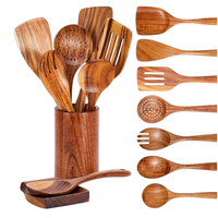 Ensemble d'ustensiles de cuisine en bois faits à la main de qualité supérieure |   Cuillère de cuisine, spatule, louche, ustensiles de service avec support en bois d'acacia naturel, export