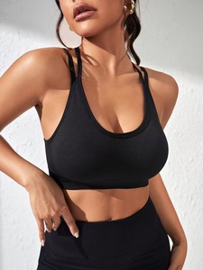 Women Two Piece Activewear Top <b>Open</b> Back Athletic Bralette Removable Pads Training Vest Seamless Knit Running Sportswear - Product Image 3