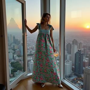 Vestido Maxi con estampado floral turquesa para niñas jóvenes Motivo floral femenino Correa de pajarita Estilo de verano aireado Cintura natural tejida - Product Image 5