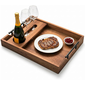 Plateau de service durable en bois d'acacia avec porte-verres à vin, logo gravé au laser, idéal pour pique-niques, fêtes et réceptions, incluant un plateau à charcuterie - Product Image 1