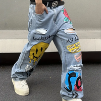 Vaqueros de mezclilla personalizados con estampado de grafiti para hombre, estilo urbano, holgados, desgastados, lavados, pantalones de corte relajado y rasgados para hombre