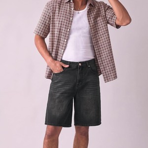 Shorts en jean pour homme de haute qualité, coupe droite, taille haute, délavé foncé, décontracté, en coton respirant, tissé, pour l'été, OEM - Product Image 3