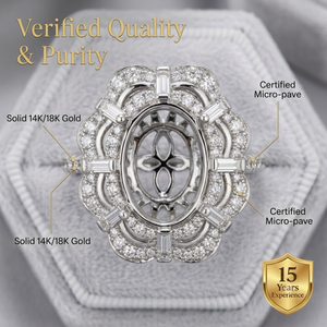 Anillo de Halo Ovalado Art Deco de Oro Sólido de 18k con Diamantes, Montura Semifinalizada para Marca Privada - Product Image 2
