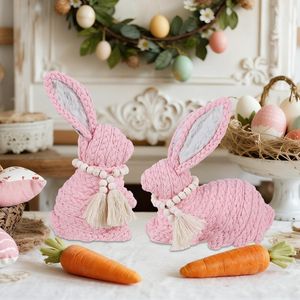 Set di 2 Decorazioni Pasquali, Statuette di Coniglio Rosa Intrecciate per Casa, Mensola, Tavolo o Centrotavola, Design Primaverile - Product Image 3
