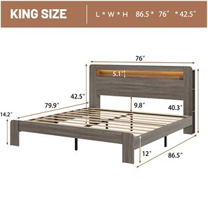 King Size Wood Platform <b>Bed</b> Frame with <b>LED</b> Light Headboard & 2 USB Noise Free No Box Spring Needed Storage Included - Product Image 2
