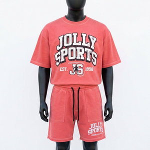 Ensemble short et t-shirt pour homme en jersey de coton 200 GSM rose corail, tissu doux et respirant, impression sérigraphique, logo personnalisé, ensemble de jogging pour homme - Product Image 1