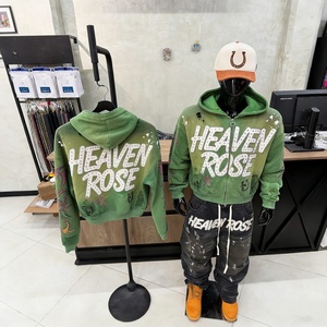 Sudadera con capucha con cremallera personalizada OEM con pedrería, estilo oversize, lavado ácido, estampado de grafiti y llamas, ropa urbana al por mayor, estilo punk Y2K - Product Image 4