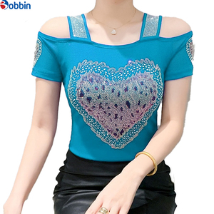 Camiseta de mujer con diamantes y corazón grande, cuello cuadrado, brillante, con pedrería, de doble capa, transpirable, de malla, para chicas. - Product Image 4