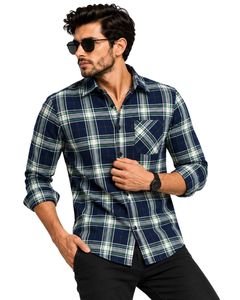 Chemise en flanelle à carreaux vert marine pour homme, coupe ajustée, manches longues, boutonnée, en coton, style décontracté, tendance, fabriquée sur mesure - Product Image 1