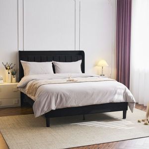 Full-Size Velvet Upholstered Platform Bed with Charging Station Storage Shelf Vertical Channel Tufted Wingback Bed Frame - Product Image 6