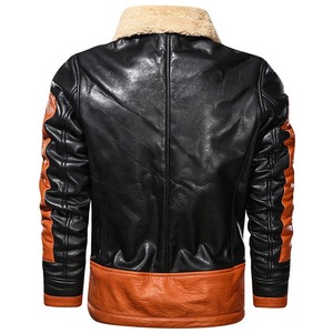 Winter <b>Jacket</b> Wholesale Two Tone Leather Contrast Panel Fleece Lining Thick Zipper Front <b>Men</b> Casual Bomber Style Warm Coat - Product Image 2