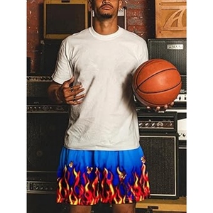 กางเกงขาสั้นผู้ชายลายเปลวไฟ ผ้าตาข่าย ระบายอากาศ แห้งเร็ว กางเกงชายหาดฤดูร้อน เอวยางยืด สตรีทแวร์ กางเกงออกกำลังกาย - Product Image 3